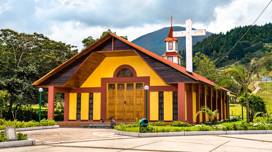 Austrian-style wooden Miraflores church in Oxapampa, Peruvian Amazonia