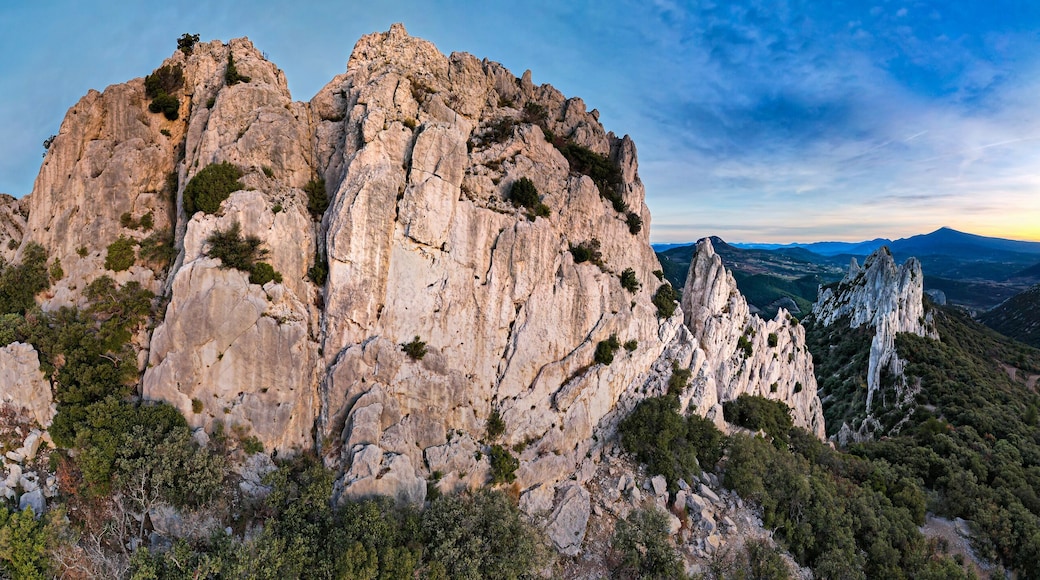 Aerial view of les Dentelles de Montmirail in front of the Mont Ventoux in the french alps