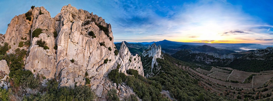 Aerial view of les Dentelles de Montmirail in front of the Mont Ventoux in the french alps