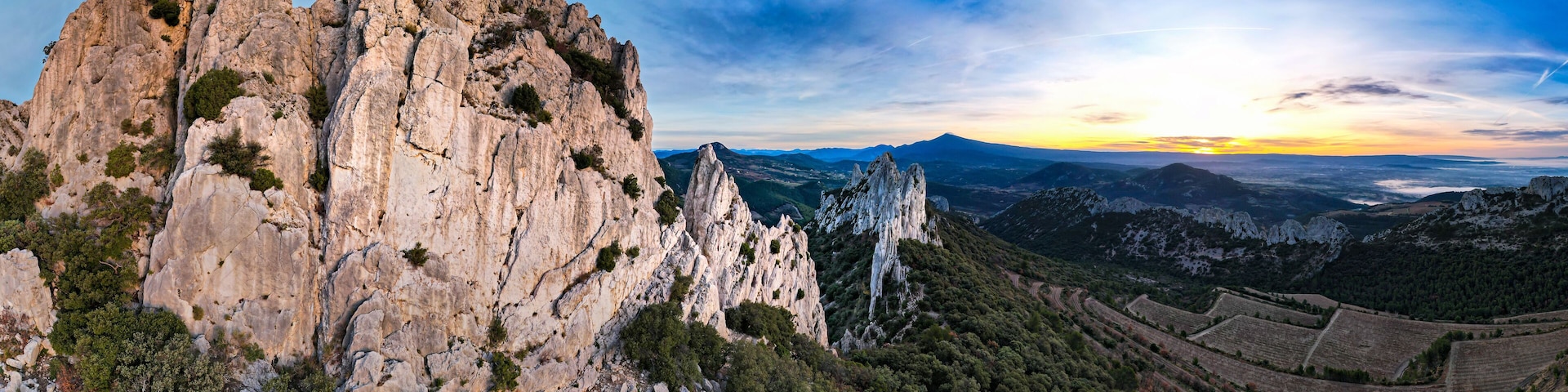 Aerial view of les Dentelles de Montmirail in front of the Mont Ventoux in the french alps