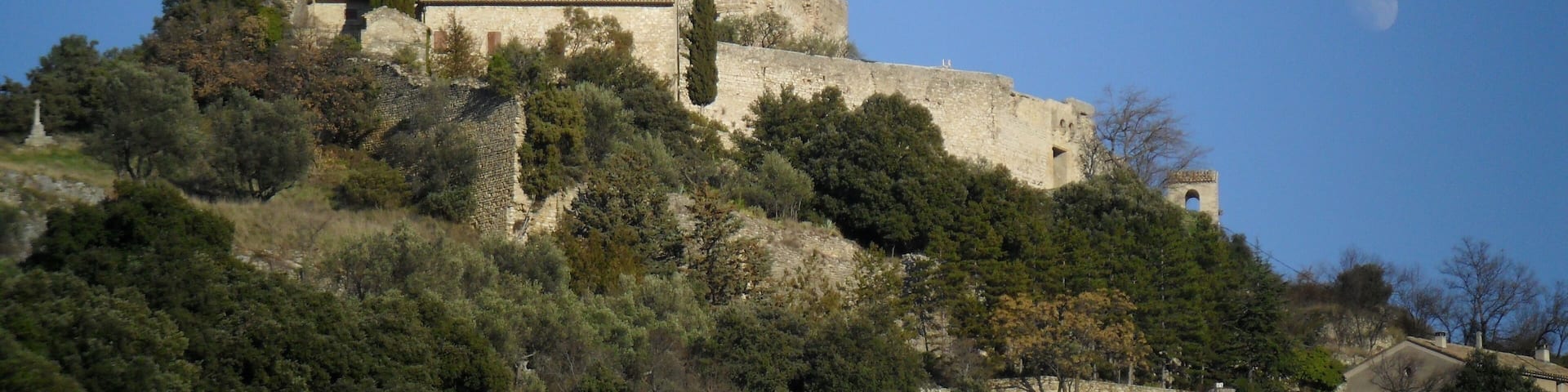 A historic castle on a hill with a clear sky and a visible moon.
