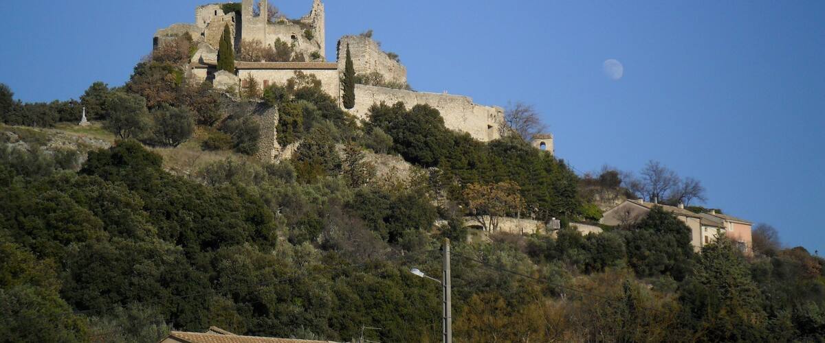 A historic castle on a hill with a clear sky and a crescent moon.
