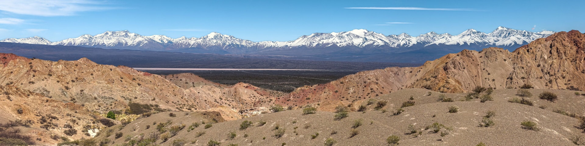 Panoramic view of the Ansilta Mountain Range and the Pampa del Leoncito, San Juan