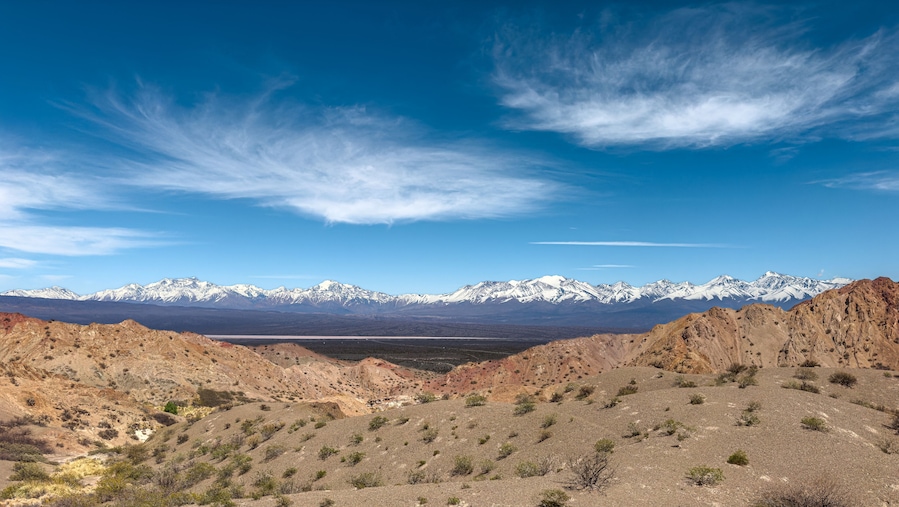 Panoramic view of the Ansilta Mountain Range and the Pampa del Leoncito, San Juan