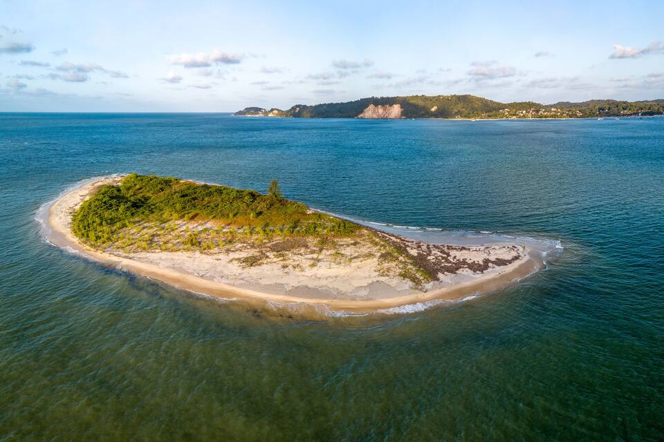 Vista aérea de una pequeña isla con una playa arenosa y vegetación densa.