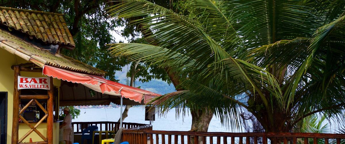 A beachside bar with outdoor seating and a palm tree.