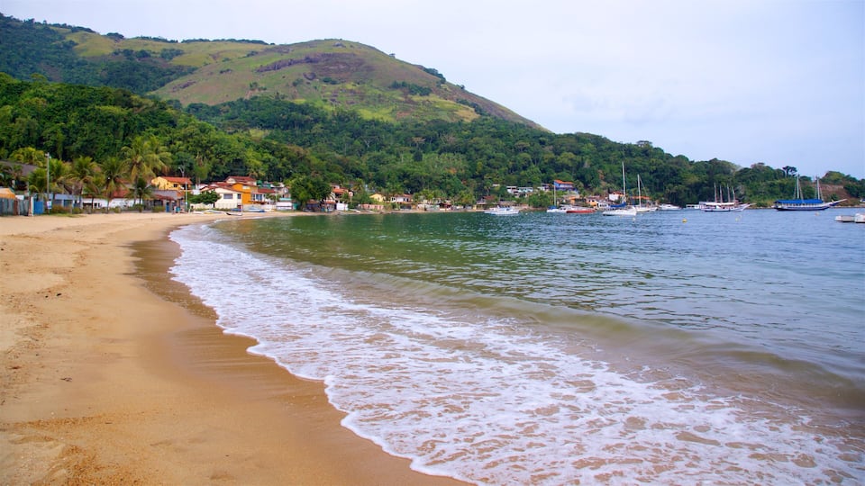Biscaia Beach which includes a sandy beach, a coastal town and general coastal views