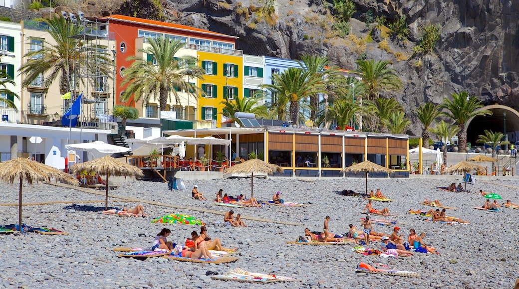 Ponta Do Sol strand som viser kystby, tropisk landskap og strand med småstein