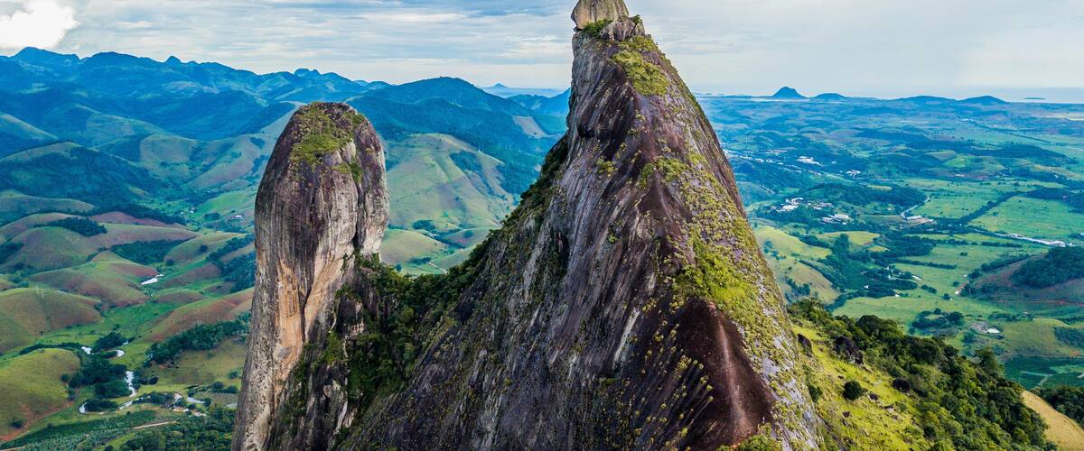Aerial view Pedra do Frade e Freira. Beautiful rock mountain in Cachoeiro do Itapemirim, State of Espirito Santo, Brazil