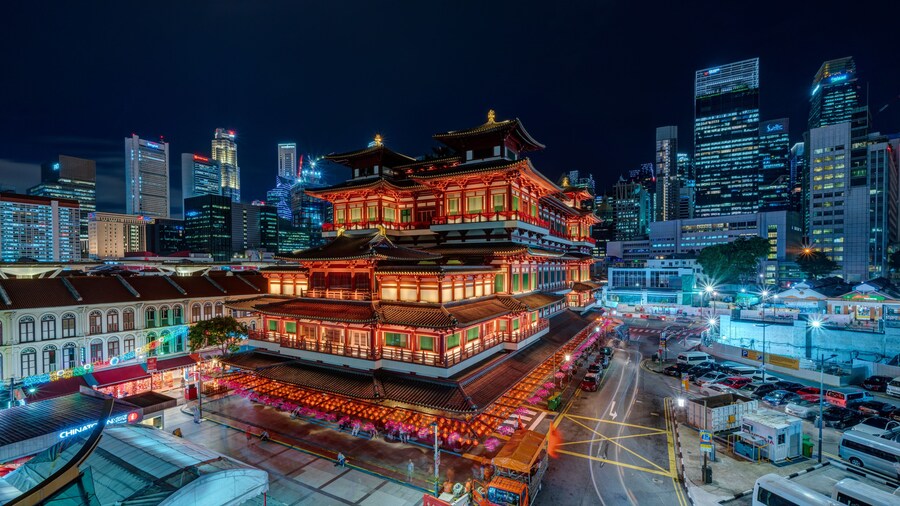 Bird view of Buddha Tooth Relic Temple & Museum at night