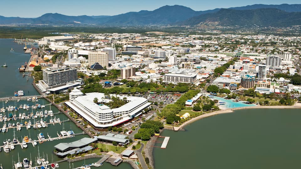 Aerial view of marina and central business district. Cairns, Queensland, Australia