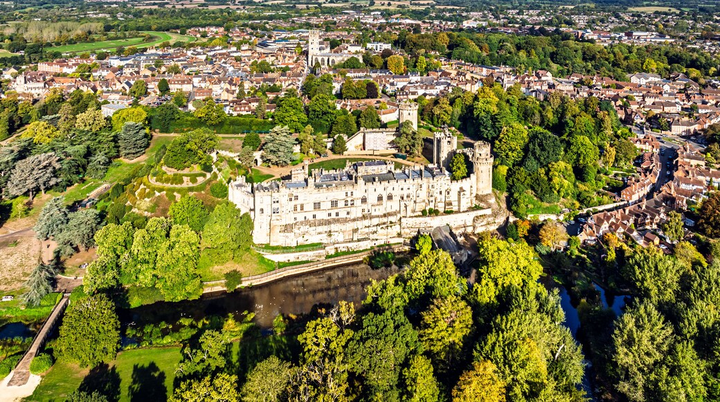 A castle surrounded by a town, with a river and greenery in the foreground.