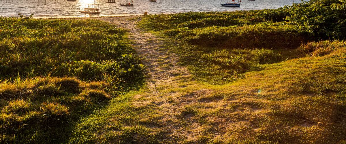 A coastal path leading to the sea with boats and a sunset.