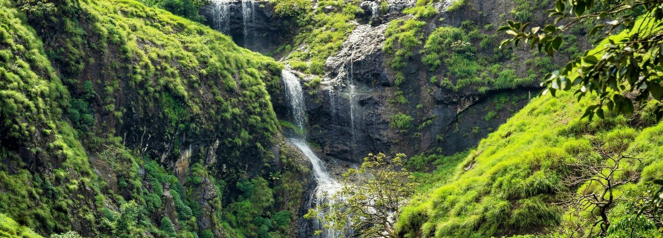 A lush green valley with multiple waterfalls cascading down a rocky hillside.