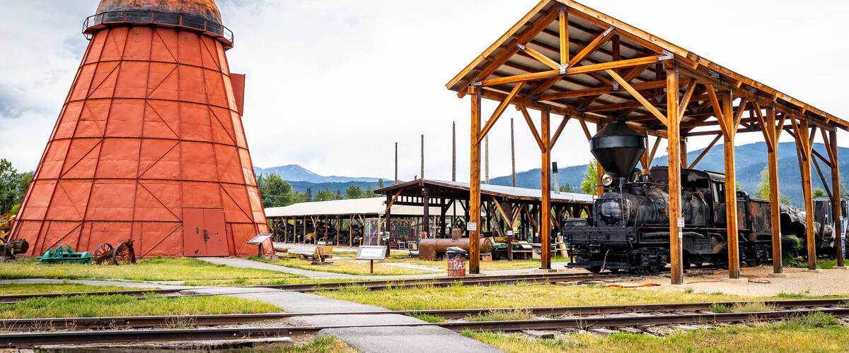 A red silo, a wooden train shed, and a steam locomotive at a railway station.