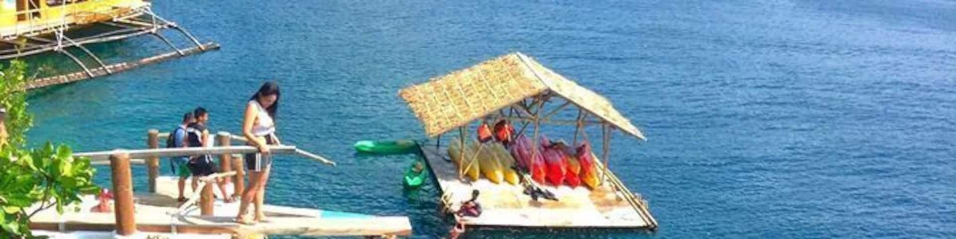 A cliffside with a dock extending into the water, people on the dock, and a small boat with a thatched roof.