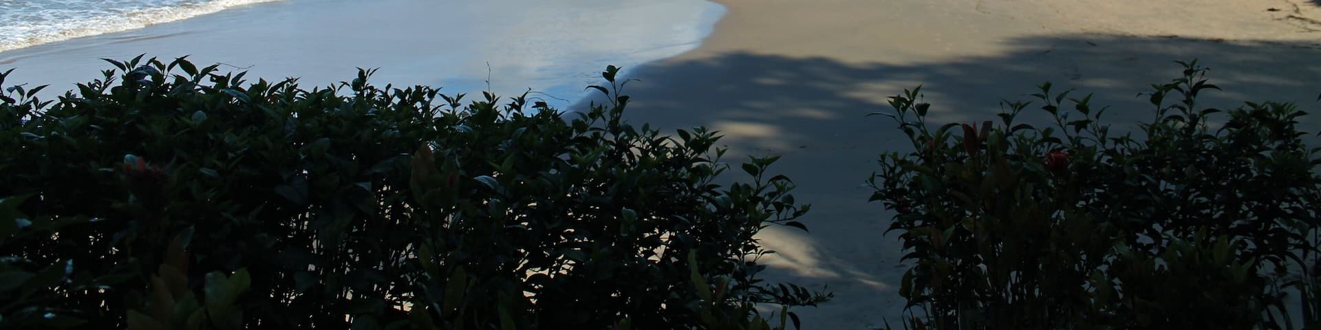 Vista da Praia da Almada, em Ubatuba/SP, com areia clara, mar calmo e azul, vegetação ao redor e montanhas ao fundo. Um destino popular e paradisíaco na costa brasileira, perfeito para relaxamento.