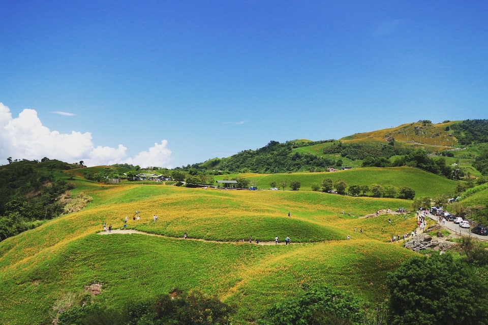 Rolling green hills, a clear blue sky, and a small settlement with buildings and a road.