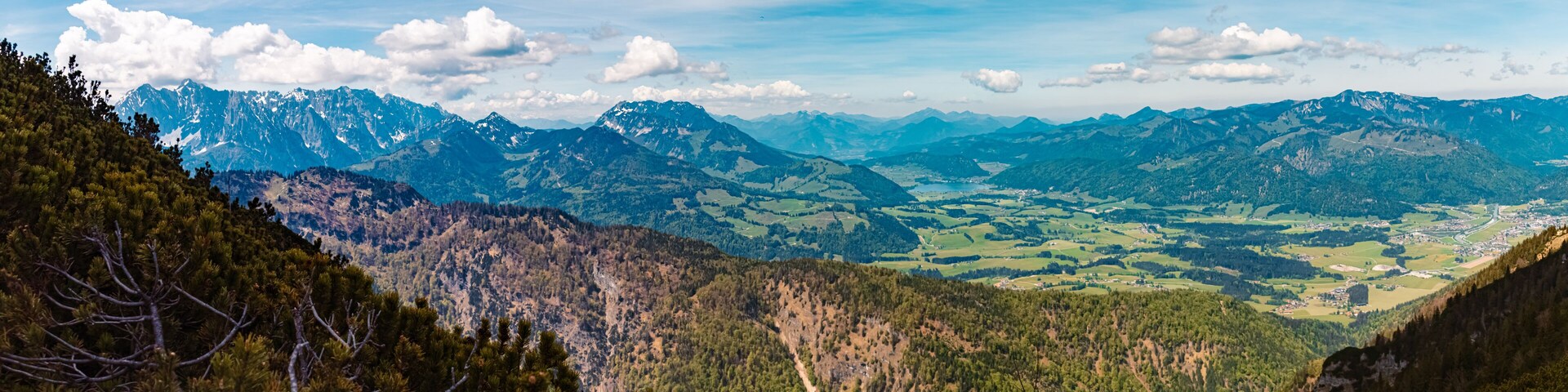 High resolution stitched alpine summer panorama at paraglider paradise Koessen, Kitzbuehel, Tyrol, Austria
