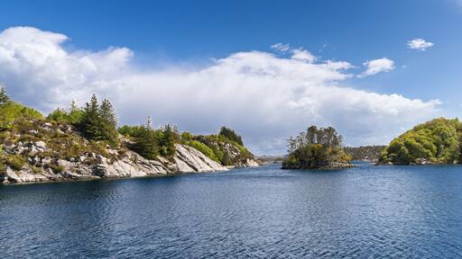 Crystal Clear Inlet Surrounded by Rocky Cliffs and Dotted with Greenery, Bomlo, Norway