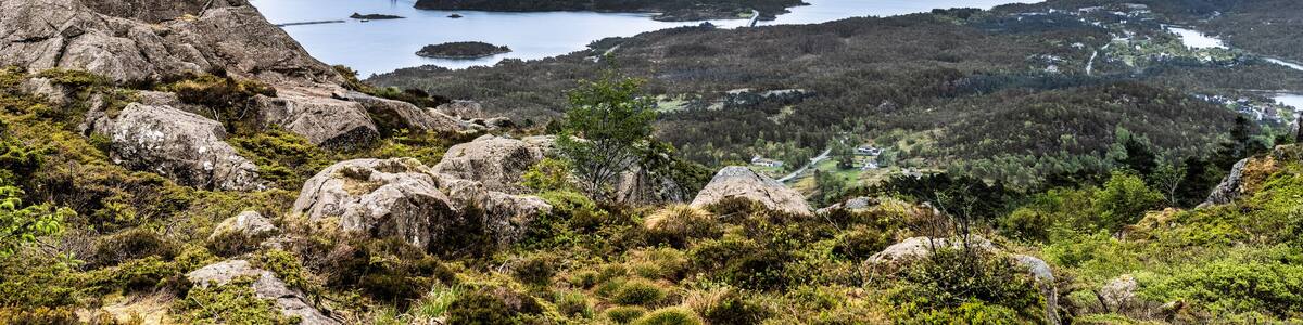 Scenic Panoramic View of Hills, Lakes, and Islands Under Cloudy Skies, Siggjo, Bomlo, Norway