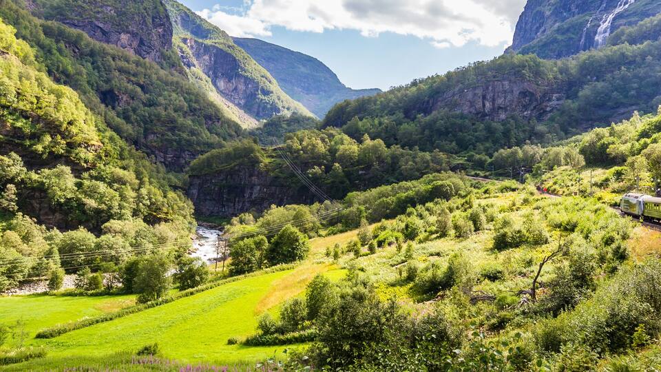 A train traveling through a lush valley with steep cliffs and a river.