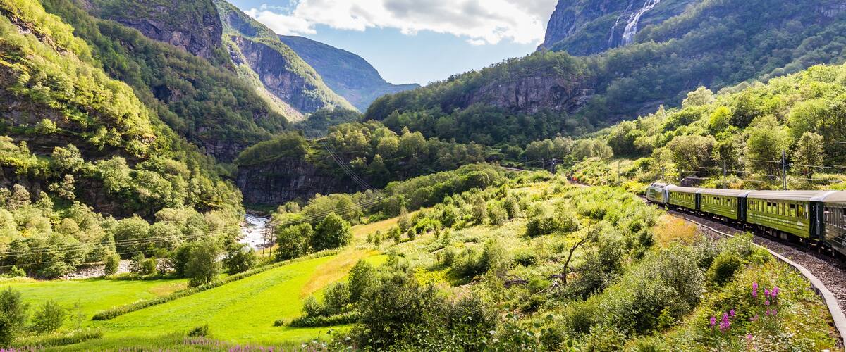 A train traveling through a lush valley with steep cliffs and a river.