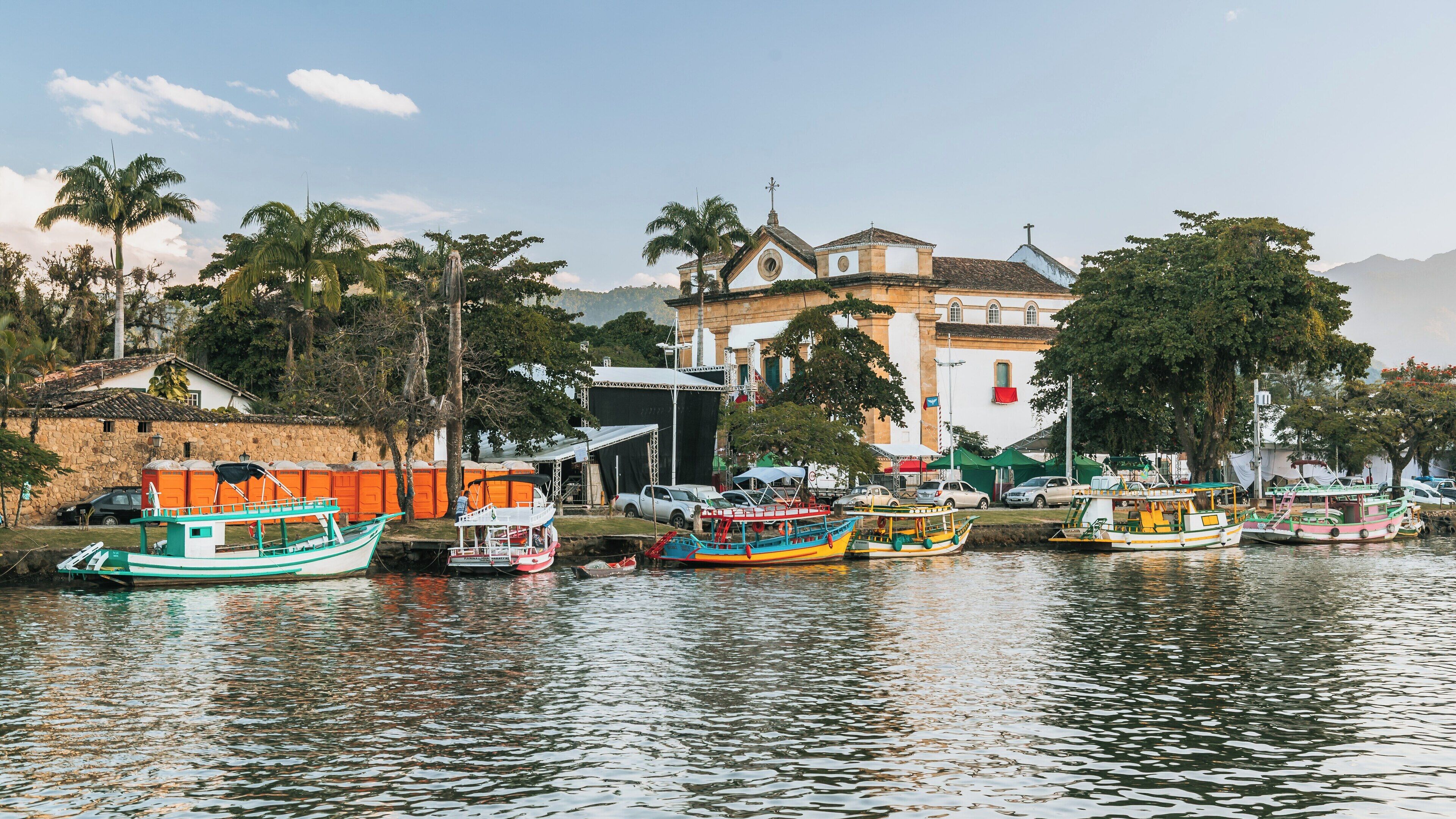 Church of Our Lady of the Remedies stands majestically by the water in the Historic Center of Paraty in Rio de Janeiro, showcasing the beauty of colonial architecture