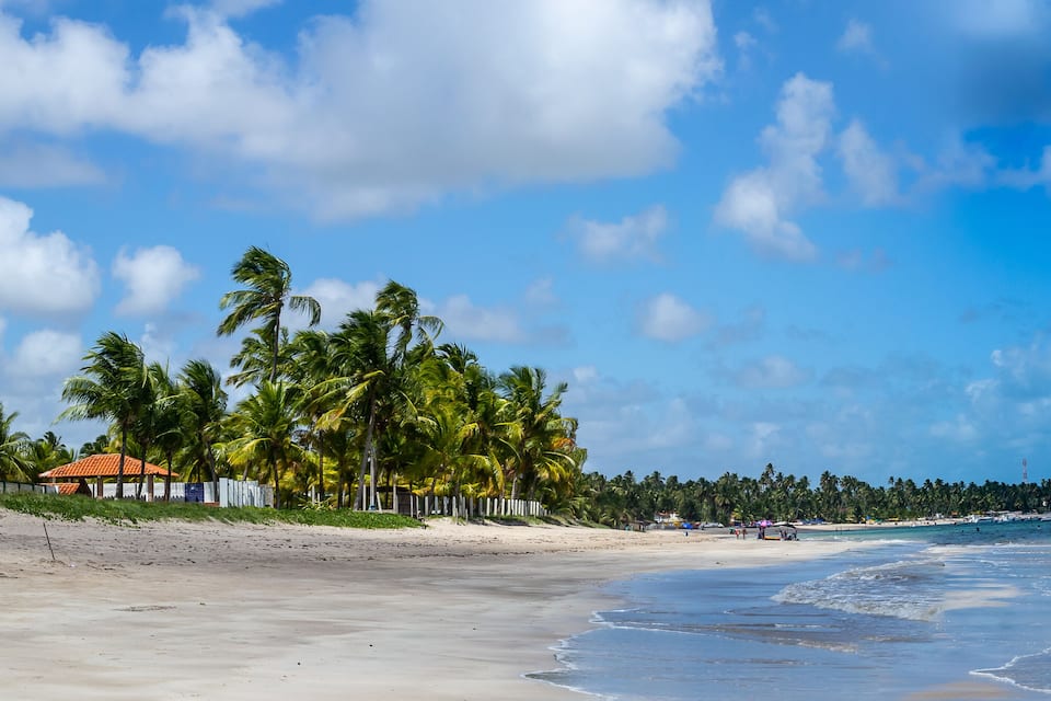 Une plage bordée de palmiers, un petit bâtiment avec un toit orange et un ciel bleu azur.