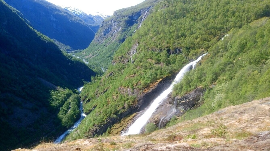 View from Hagabo, Avdalen, The valley is Utladalen (-valley), waterfall is Avdalsfossen