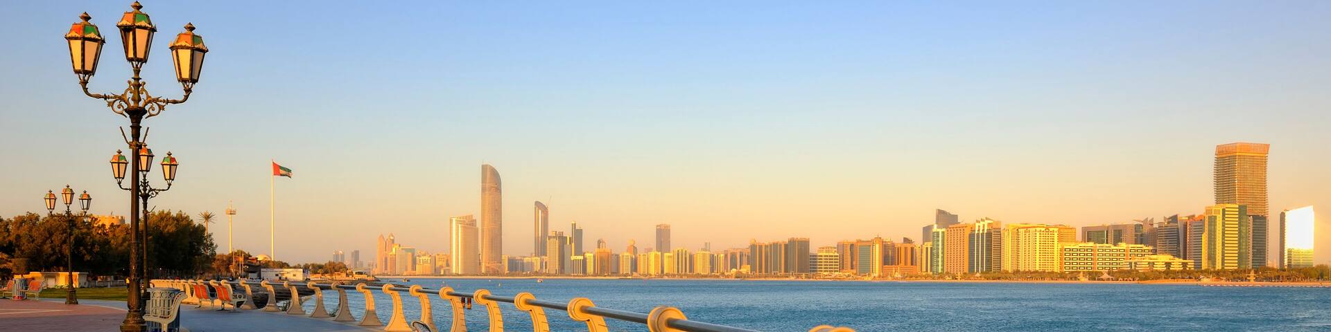 City skyline from the Corniche at dusk in Abu Dhabi