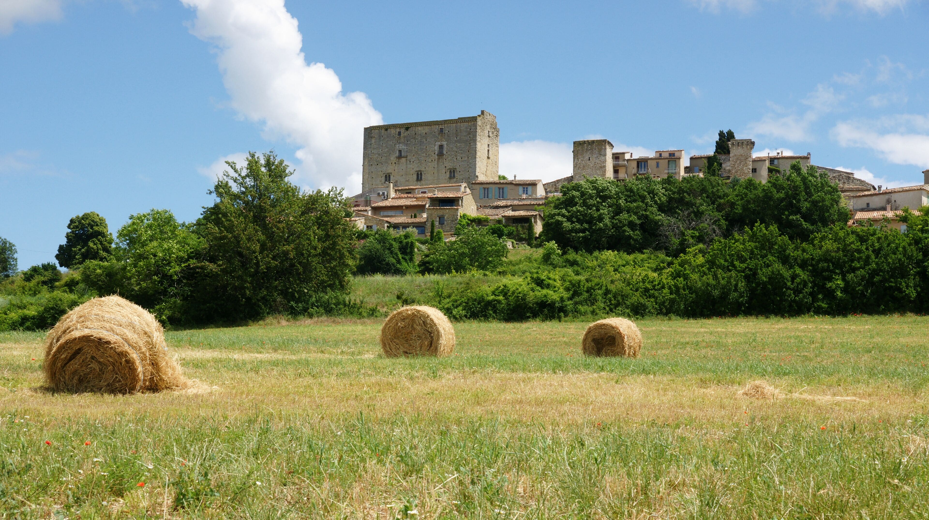 A rural landscape with hay bales in a field, a historic stone building, and lush greenery in the background.