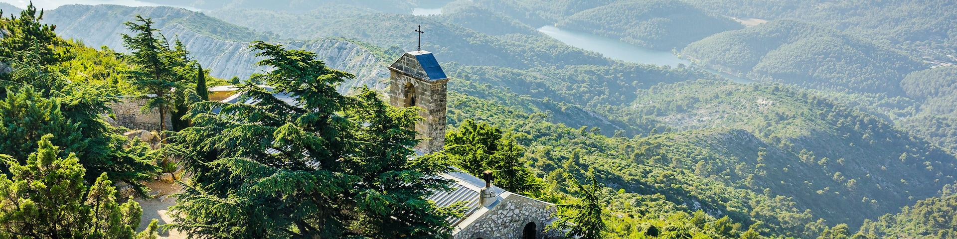 Bell tower of the Notre-Dame-de-Victoire chapel on the Montagne Sainte-Victoire mountain in Provence, France