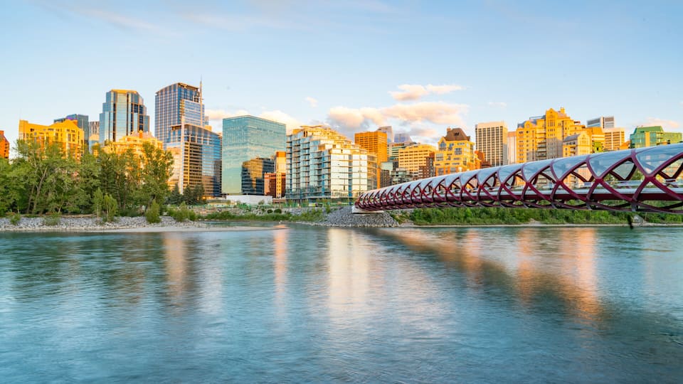 A river with a bridge, a city skyline, and a clear sky.