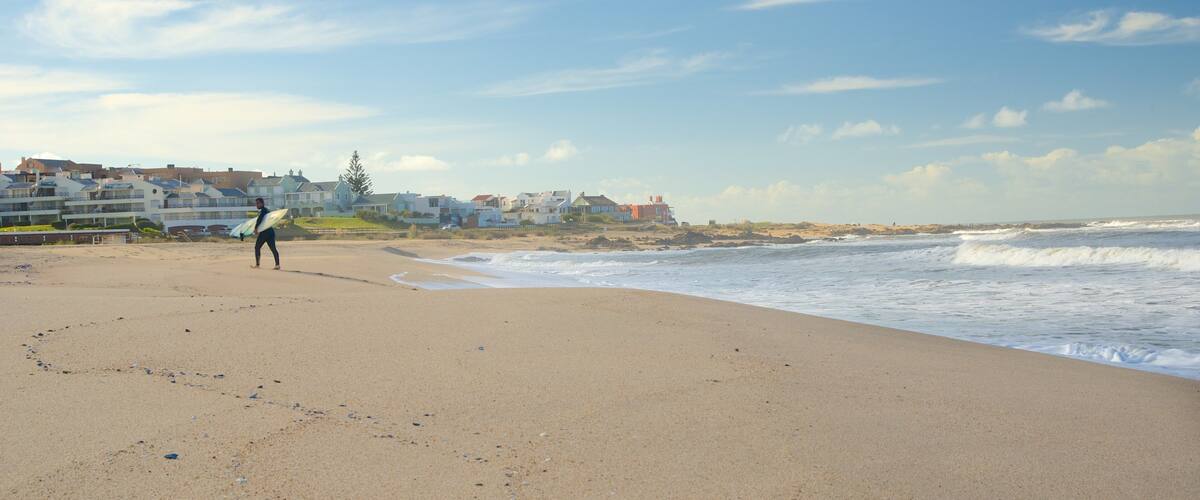 A sandy beach with waves, a person with a surfboard, and houses in the background.