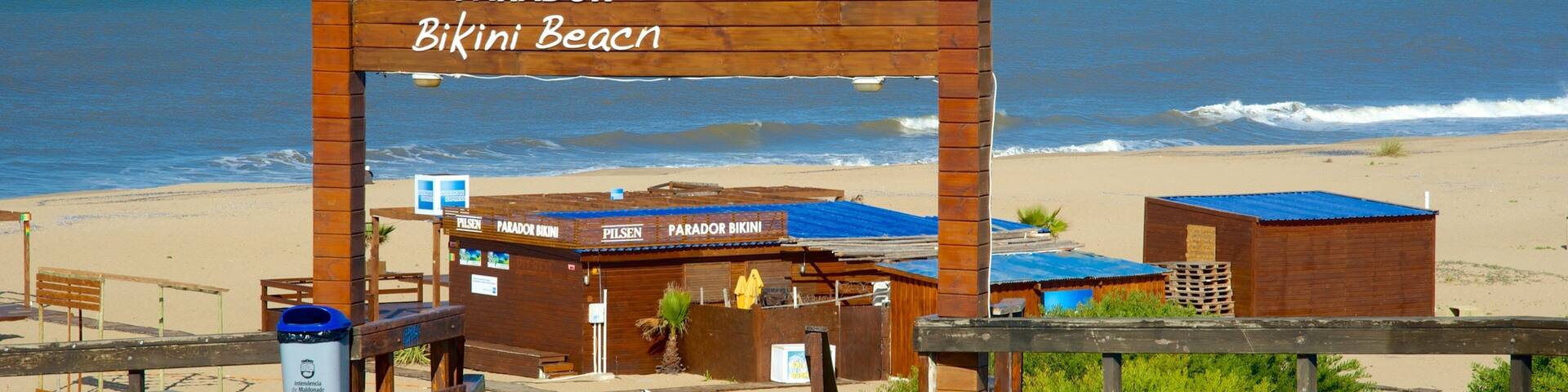 Bikini Beach which includes a sandy beach, general coastal views and signage