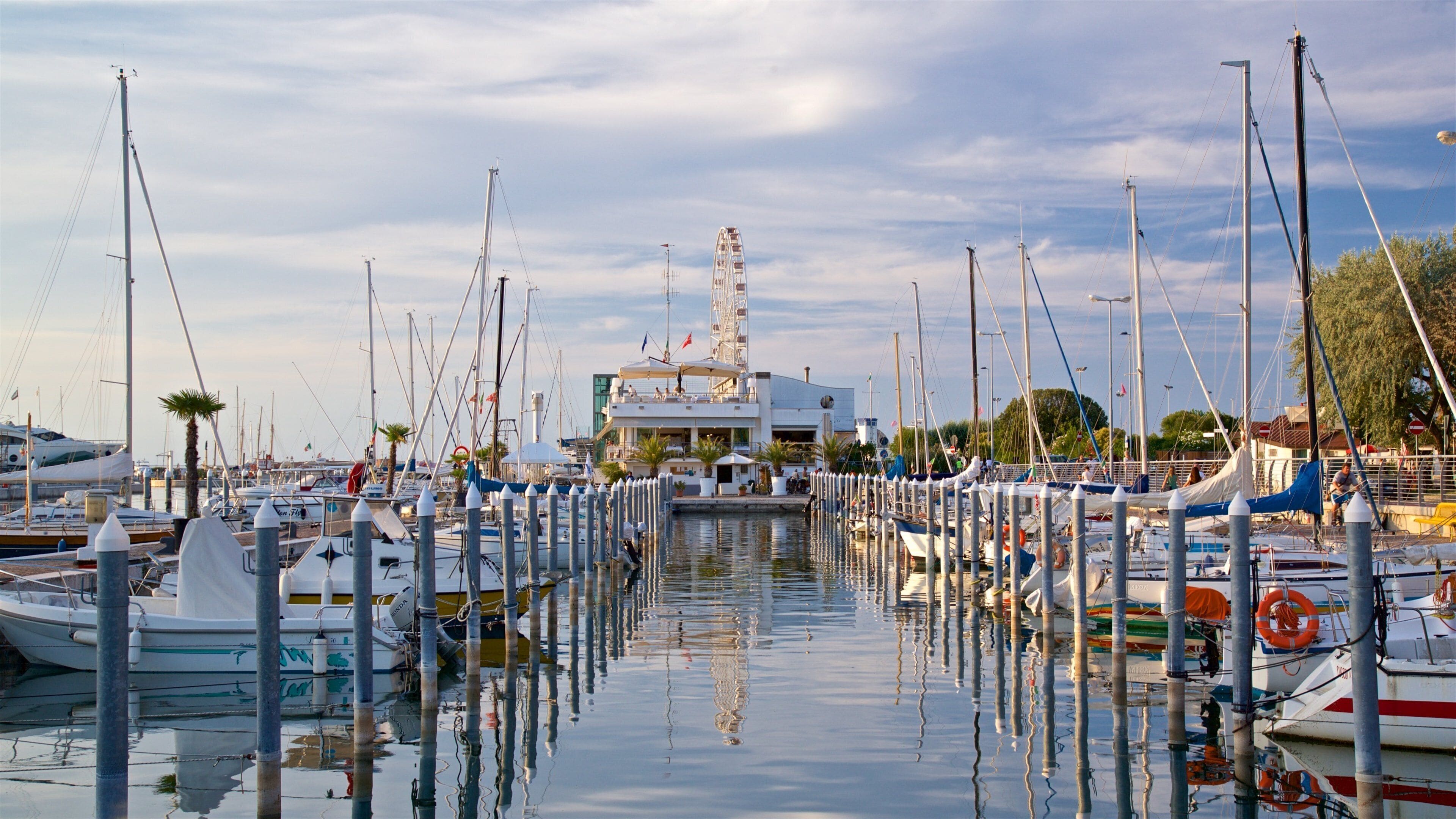 A marina with numerous boats docked, a Ferris wheel in the background, and a clear sky.