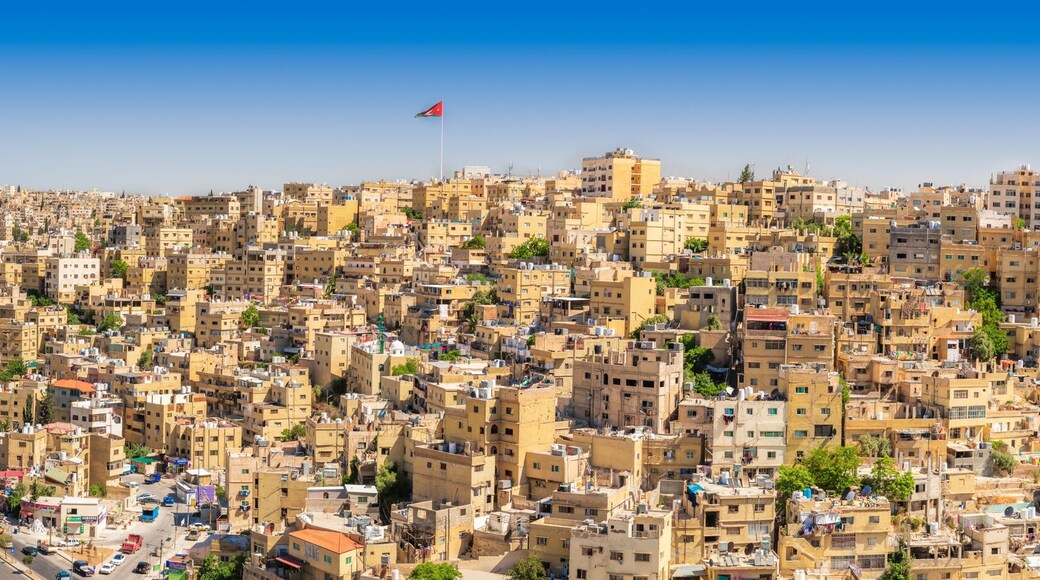 Una zona urbana densamente poblada con numerosos edificios, un minarete destacado y una bandera en un asta.
