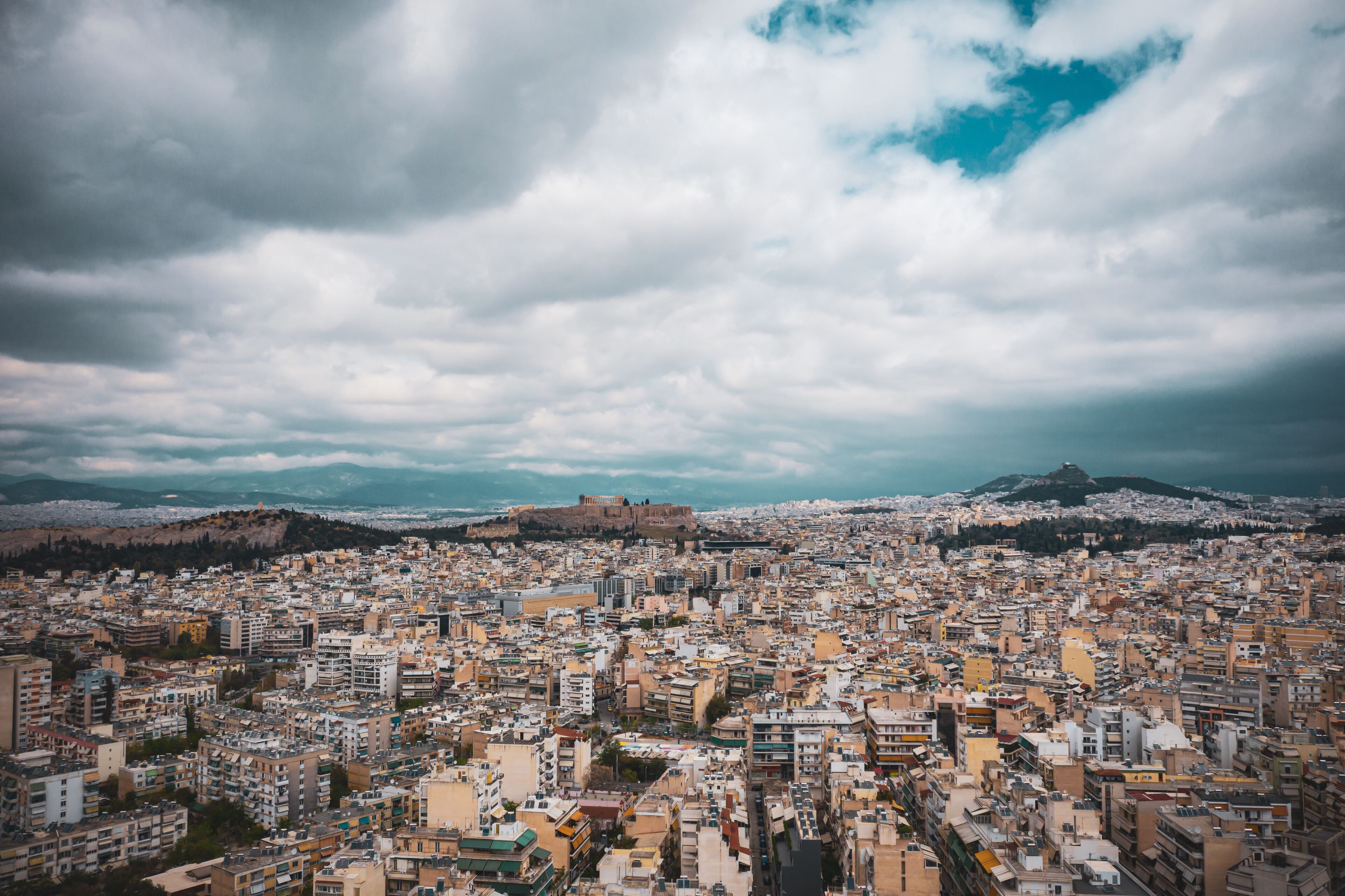 Aerial view of Athens Greece downtown with cloudy weather at autumn.