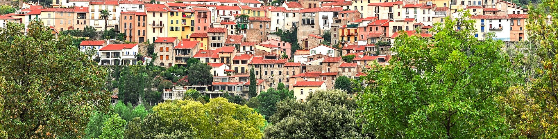 A hillside village with colorful buildings and dense greenery.