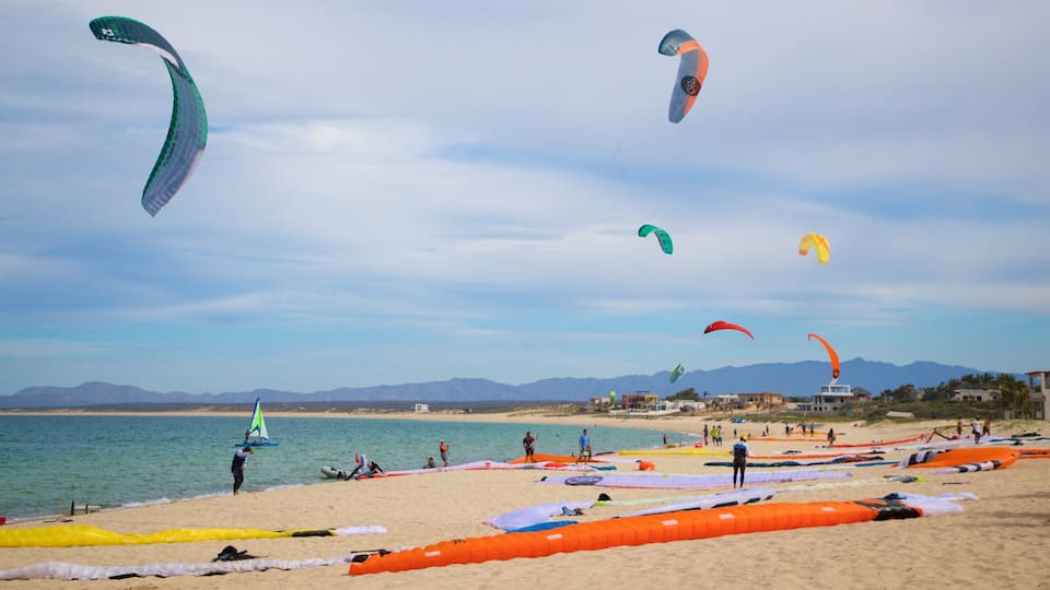 A beach with multiple kites flying, a sailboat, and mountains in the background.