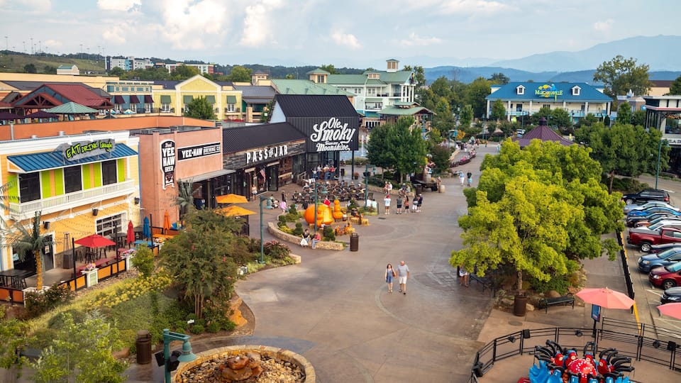 A bustling town square with various shops, a prominent sign for 'Ole Smoky Moonshine,' and a parking area with cars.