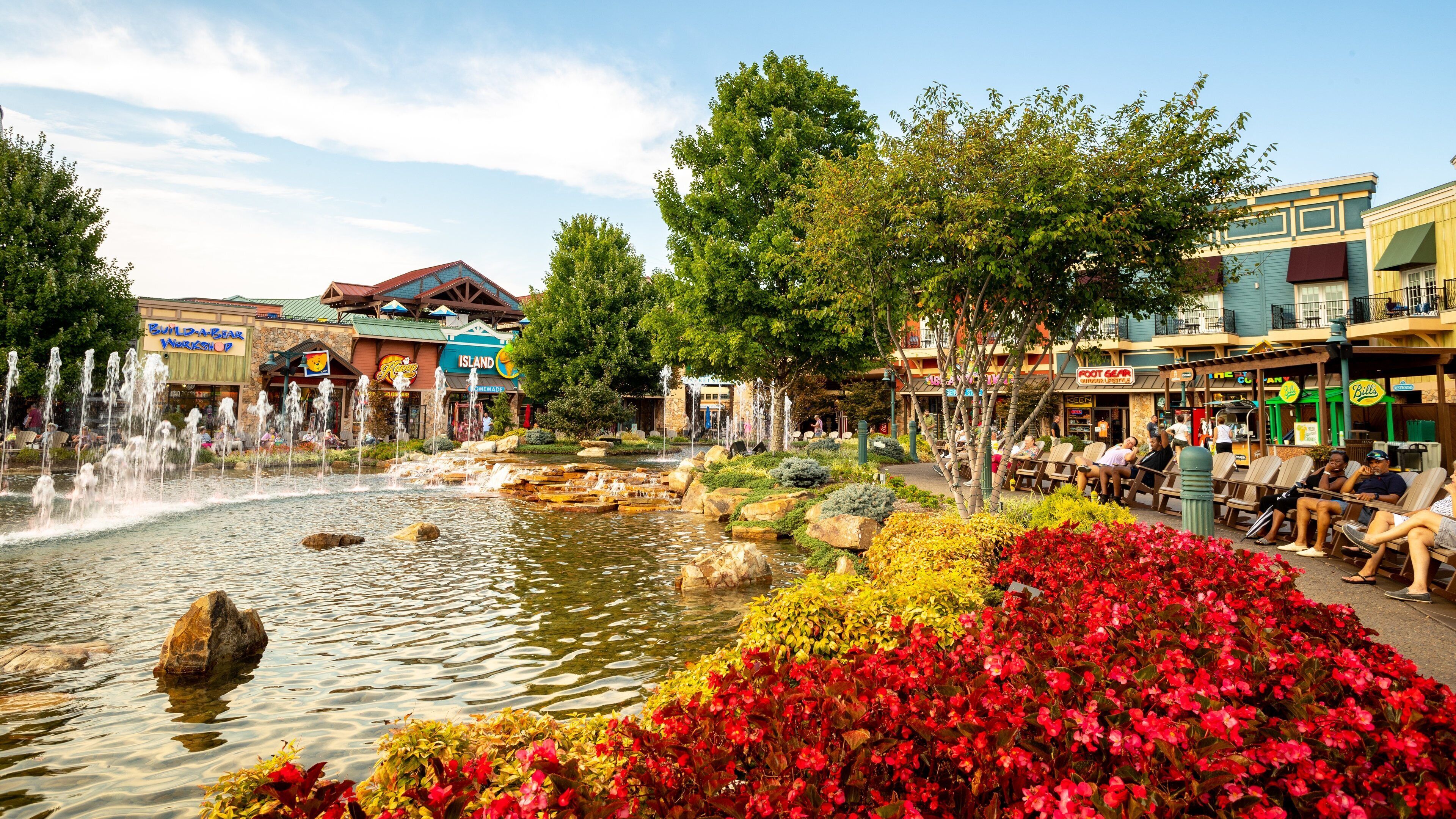 Island at Pigeon Forge showing a pond and a fountain