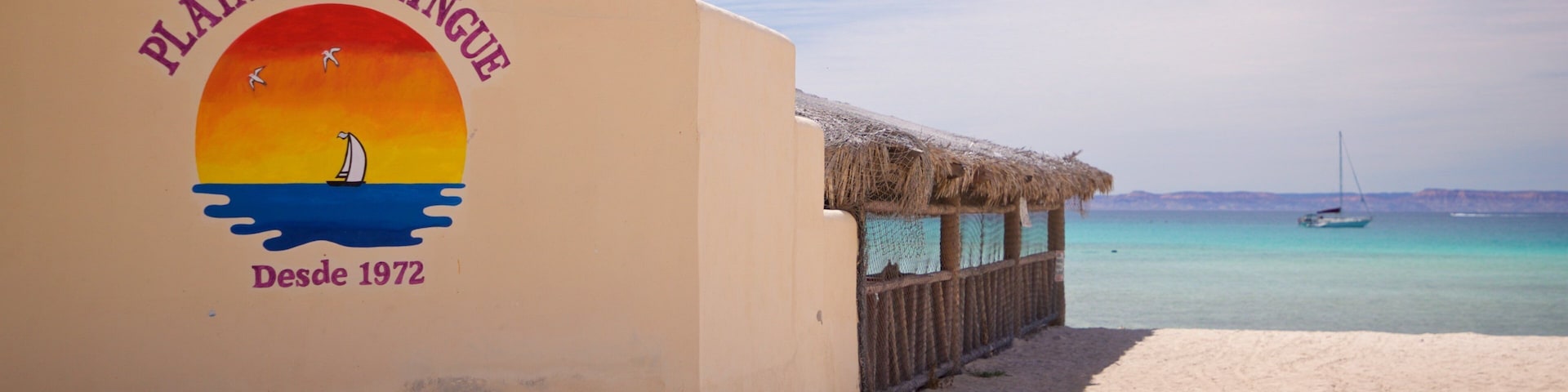 Pichilingue Beach showing general coastal views, signage and a beach