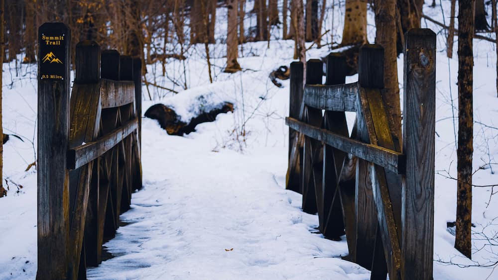 Chesterland, Ohio, USA - 2-21-22: A small bridge in the Bessie Benner Metzenbaum Park