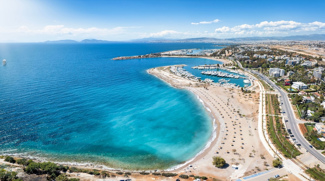 Aerial view of the popular Glyfada coast, south Athens suburb, Greece, with beaches, marinas and turquoise sea