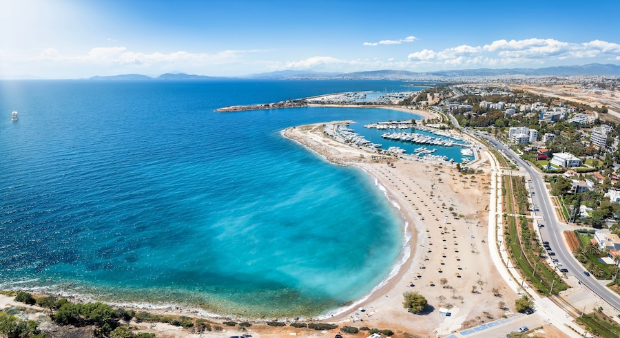 Aerial view of the popular Glyfada coast, south Athens suburb, Greece, with beaches, marinas and turquoise sea