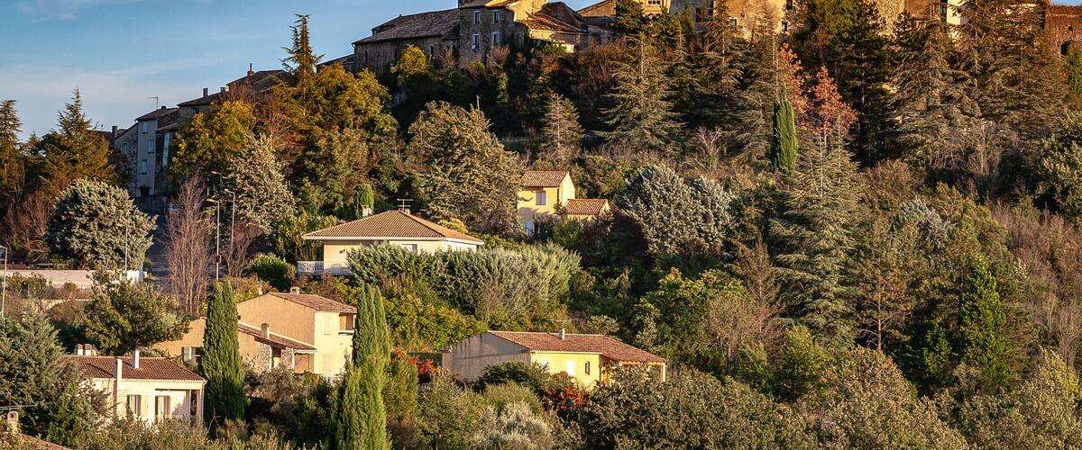 A historic hilltop town with a prominent church and bell tower, surrounded by dense trees and residential buildings.