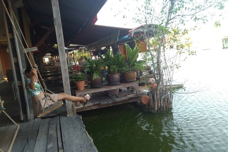 Un muelle de madera con una persona relajándose en un columpio, rodeado de plantas en macetas y un árbol.