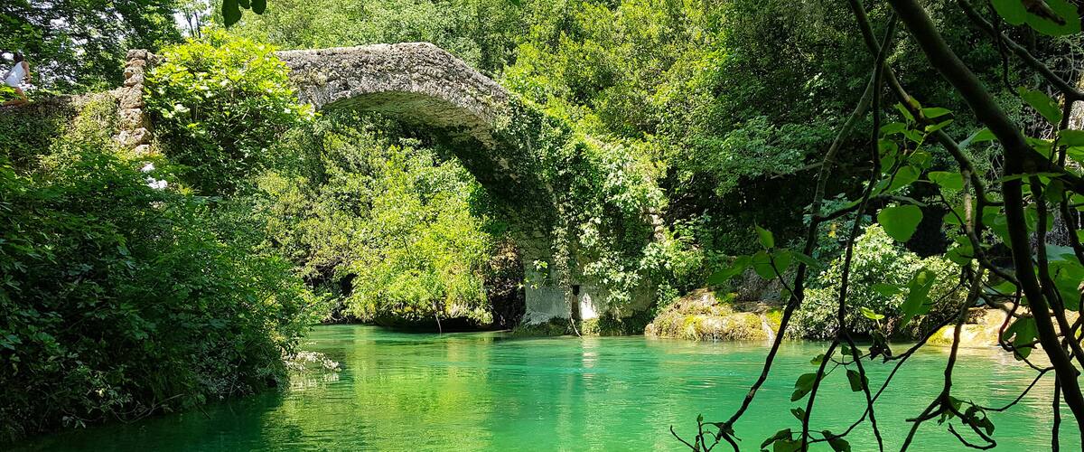 A river with clear water, surrounded by lush greenery and a stone bridge.